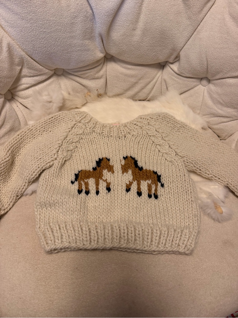 Cream Kids' Cable-Knit Sweater with Horse Motif